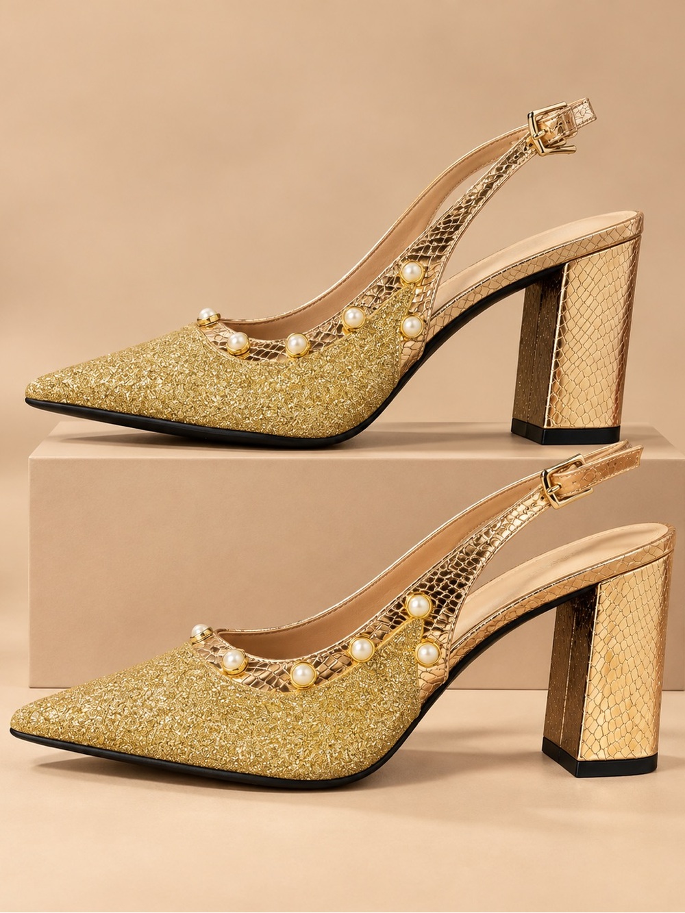 Gold Glitter Pearl Slingback Pointed Toe Block Heels Metallic Glam Size 40